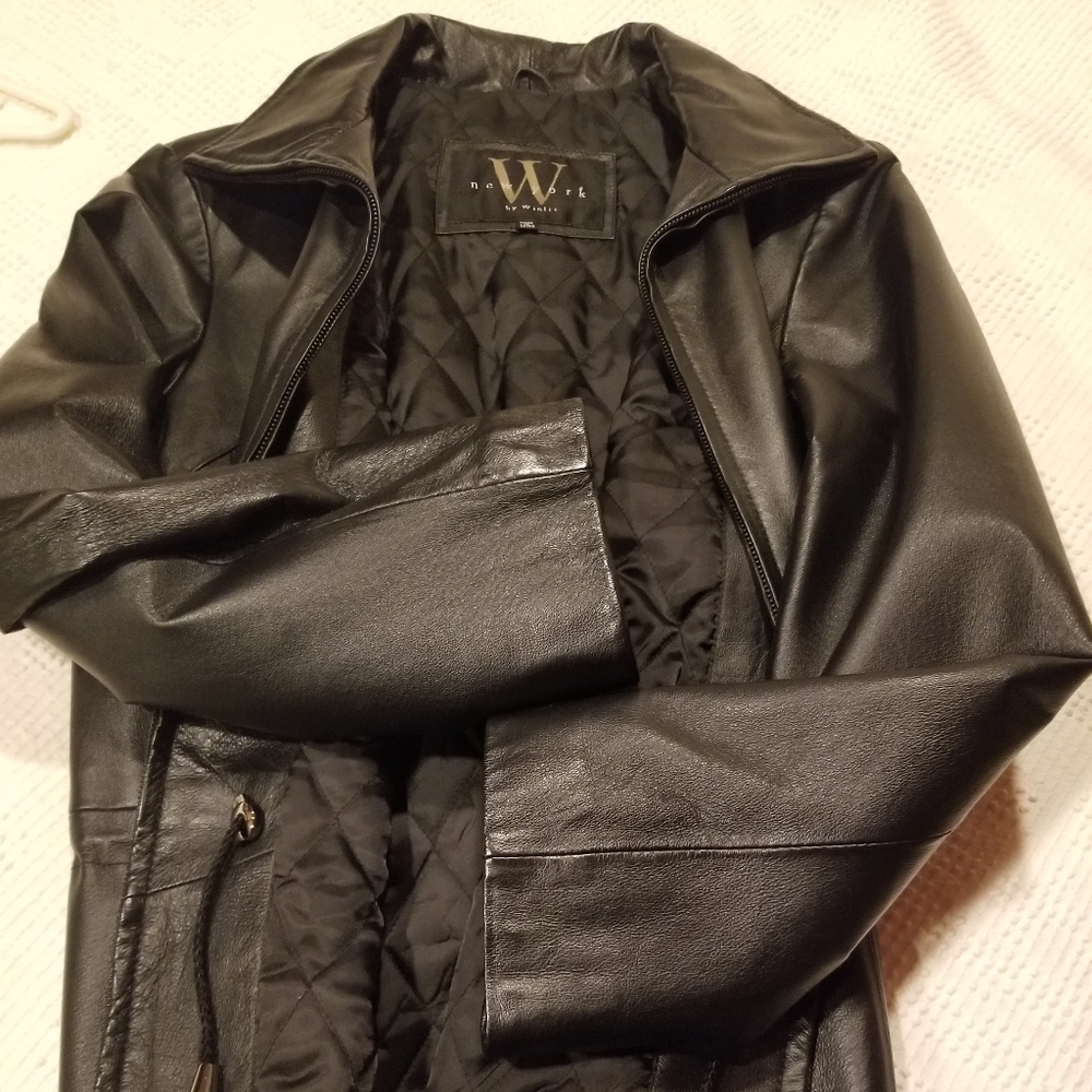 Women's M black leather coat.